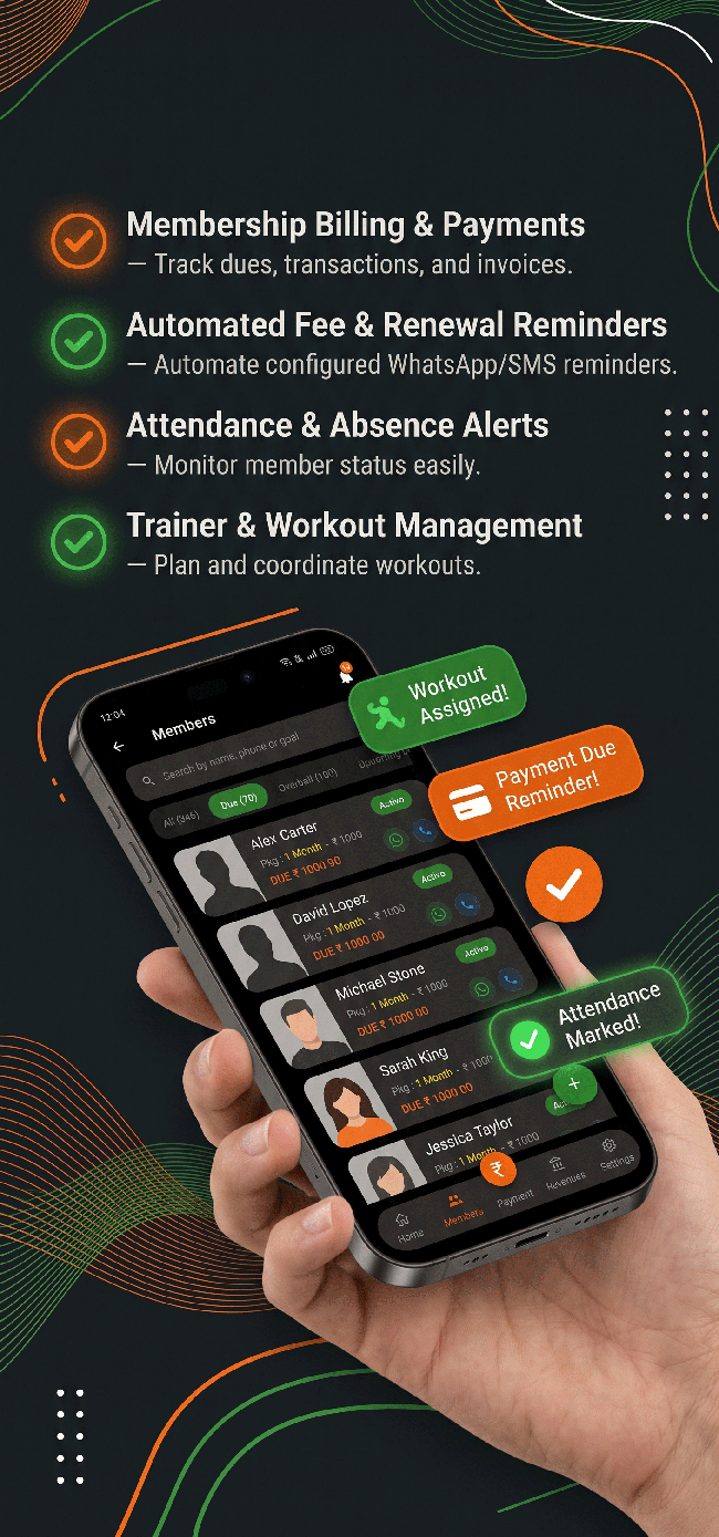 BharatGymDesk owner dashboard showing member dues, renewals and attendance